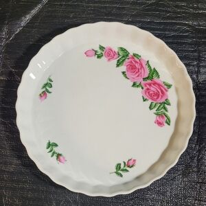 Floral Pink and Green Ceramic Quiche Or Tart Dish (110)